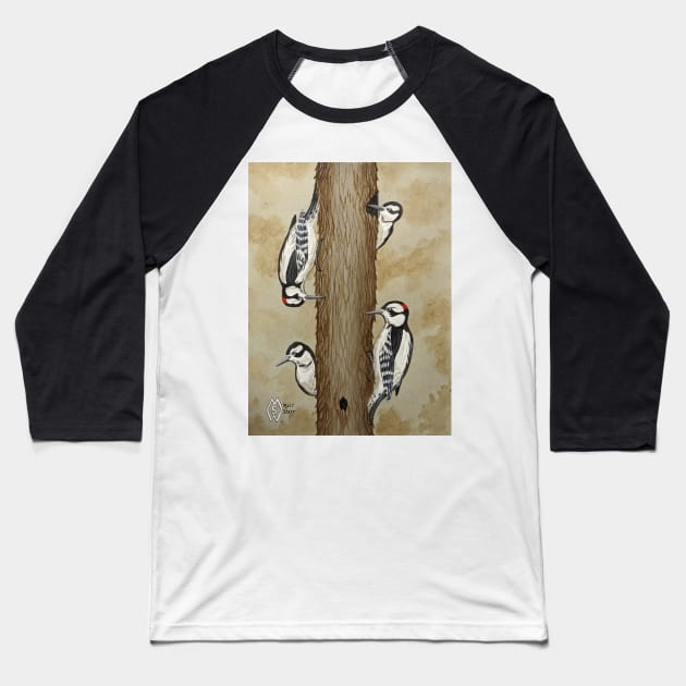 Downy woodpeckers in the forest Baseball T-Shirt by Matt Starr Fine Art